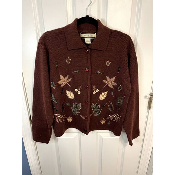 Vintage Crystal Kobe Embroidered Autumn Leaves Cardigan Sweater Size Small - Picture 1 of 6